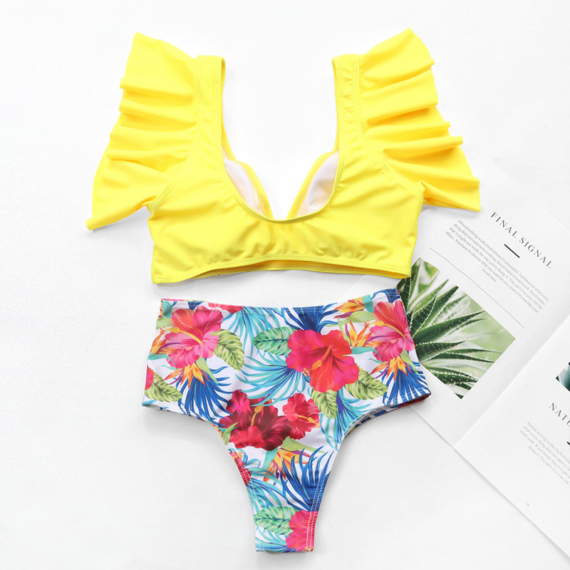 F4809-1 Yellow Summer Days Floral High-Waist Swimsuit Set